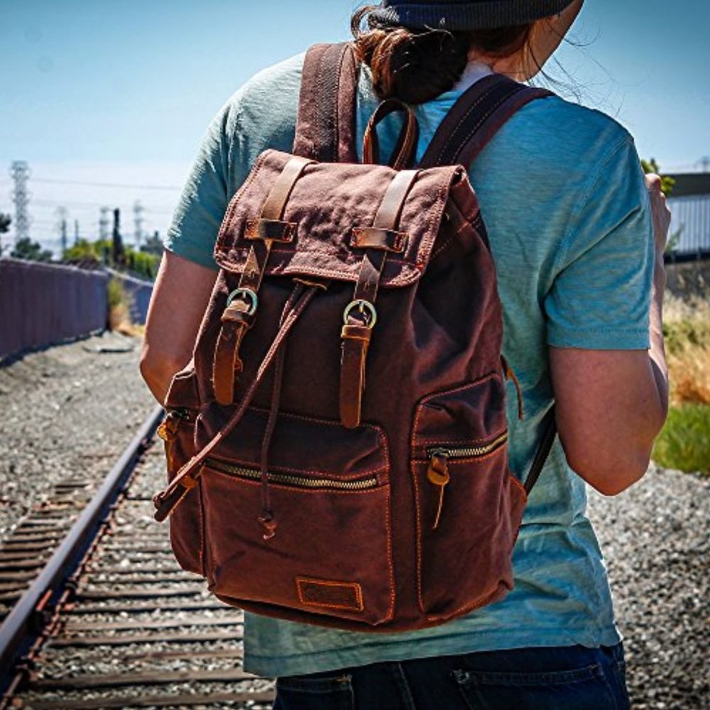 NEW GEARONIC TM 21L Vintage Canvas Backpack for Men Leather Rucksack Knapsack - Picture 2 of 6